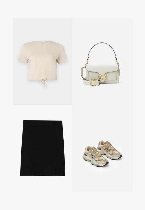 Szürke pulóver félcipzárral, bordázott mandzsettákkal és egy kicsi hímzett logóval a mellrészen. Puha pamutkeverék anyag.; Rövid ujjú, fénylő anyagból készült, cropped bézs póló, csomózott részlet a szegélyén. Simább textúra és kerek nyakkivágás.; Fekete mini szoknya puha anyagból, testhez álló szabással, az oldalon enyhe hasítékkal a különleges részletek érdekében.; Beige sportcipők hálós és bőrszövet anyagból. Fekete logóval és texturált részletekkel rendelkezik. Vastag fehér középtalpa és fekete gumi talpa van.; Fehér bőrtáska arany tónusú záródással, fekete részletekkel, levehető vállpánttal és strukturált kialakítással, amely hajtókás záródással rendelkezik.
