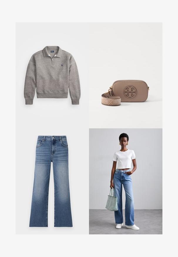 Grå hettegenser med halv glidelås i kragen, ribbestrikkede mansjetter og en liten brodert logo på brystet. Mykt bomullsblandet stoff.; Lyseblå denim vid ben jeans med høy midje, som har frontlommer, knappeåpning og et falmet mønster på beina.; Hvit ribbet cropped t-skjorte, lyseblå vide jeans og hvite joggesko. Holder en grønn og hvit stripete totebag.; Brun lær crossbody-veske med teksturert finish, sirkulært logodetalj, og en justerbar stropp med et logomønster.