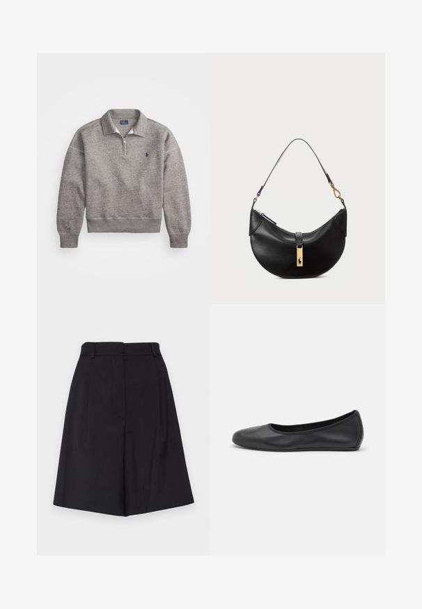 Grijze sweatshirt met een halve rits kraag, geribde manchetten en een klein geborduurd logo op de borst. Zachte katoenen stofmix.; WEEKEND MaxMara BELBO - Shorts - nero; Zwarte leren ballerina met een ronde neus, gladde textuur, minimale stikdetails en een flexibele zoolontwerp.; Zwarte leren handtas in een halve maanvorm. Voorzien van een gouden hardware accent en een smalle schouderband. Soepele textuur, ritssluiting aan de bovenkant.