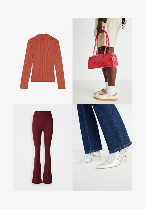 Bluză cu guler înalt, cu dungi, de culoare ruginie, cu mâneci lungi și un design ajustat, fabricată dintr-un material moale cu elasticitate.; Leggings de culoare roșu închis, cu talie înaltă, ajustați pe coapsă și cu tivul evazat, pe un fundal neutru.; Bocanci metalici argintii, cu vârful ascuțit și două curele cu cataramă. Purtați cu blugi din denim de un albastru închis, ușor evazați.; Geantă roșie din material cu model de crocodil, cu două mânere și închidere cu fermoar. Formă rectangulară, textură netedă și finisaj lucios.