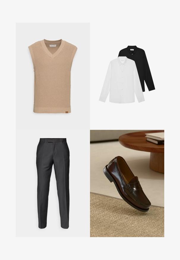 Gilet lavorato a maglia beige senza maniche con scollatura a V, texture a costine e un piccolo etichetta in pelle sul lato sinistro in basso.; Camicie a manica lunga bianche e nere con colletto a punta, bottoni frontali e una texture del tessuto liscia. Etichette visibili all'interno del collo.; Pantaloni su misura in tessuto grigio scuro. Presentano una vestibilità slim, gamba dritta e passanti per cintura. Texture liscia con una leggera lucentezza.; Mocassini in pelle marrone con finitura lucida, caratterizzati da un dettaglio cucito sulla parte anteriore e una suola in gomma nera a profilo basso.