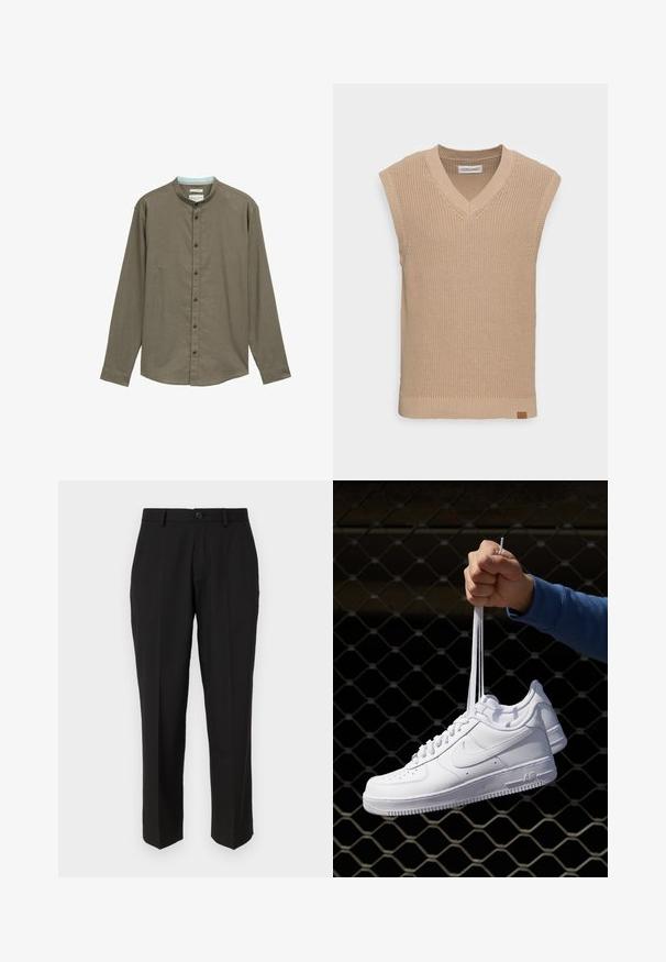 Beži kudumata ilma varrukateta sviiter, millel on V-kaelus, soonikuline tekstuur ja väike nahast logo silt vasakul alal.; Pruun pikkade varrukatega särk mandariinikaelusega, nupuga ees ja peene tekstuuriga. Omab tumedaid nuppe ja helesinist siseaasa.; Mustad püksid siledast kangast, sirge jala disainiga, ees olevate taskutega, ühe nööbi kinnitusega ja ilma nähtavate mustriteta.; Valged nahast tennisetossud, millel on perforatsioonid, ümar nina, lame tallus ja paksud nöörid, nähtava swooshi logoga ja "AIR" kontsadel.