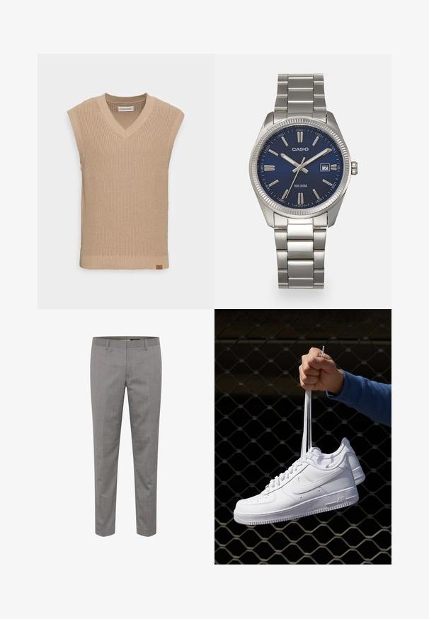 Beige kötött ujjatlan pulóver, V-kivágással, bordázott textúrával és egy kis bőr logó címkével a bal alsó oldalon.; Világosszürke, testre szabott nadrág, finom csíkos mintával, lapos elejű, egyenes szárú, övhurkokkal. Szőtt anyagból készült.; Fehér bőr sportcipők perforációval, kerek orral, lapos talppal és vastag fűzőkkel, látható swoosh logóval és "AIR" felirattal a sarokrészen.; Ezüst színű rozsdamentes acél karóránk sötétkék számlapja van, fém óraszámlálókkal és egy dátumablakkal a 3 órás pozícióban. 50 méterig vízálló.