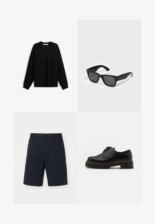 Černý pletený svetr s kulatým výstřihem, spadlými rameny a žebrovanými manžetami a lemem. Disponuje texturovanou látkou pro teplo.; Bílý krátký rukáv tričko vyrobené z bavlny, s kulatým výstřihem a volným střihem se rovním lemem. Bez vzorů nebo zdobení.; Černé bavlněné šortky s plochým předním dílem, bočními kapsami, zapínáním na knoflík a rovnými nohavicemi. Žádné viditelné vzory nebo akcenty.; Černá kůže šněrovací boty s kulatou špičkou, texturovanou gumovou podrážkou a žlutým prošíváním kolem základny. Plný design a hladký povrch.; Černé sluneční brýle se čtvercovým rámem, se tmavými skly. Akcentovány malými zlatými tečkami a zlatým logem na spánku. Hladký povrch.
