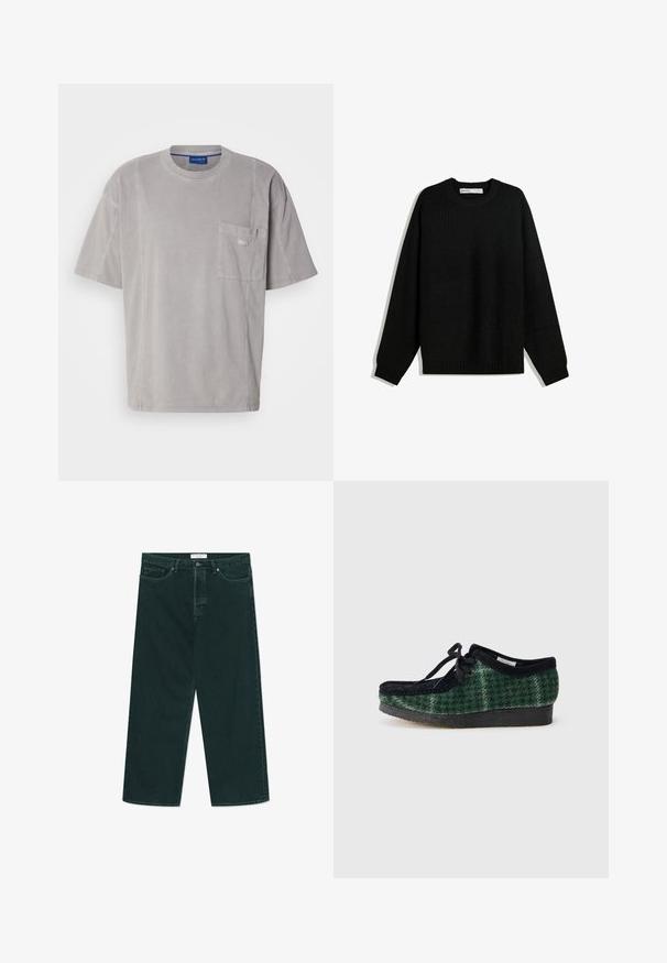Fekete kötött pulóver kerek nyakkivágással, ejtett vállakkal, valamint bordázott mandzsettákkal és szegéllyel. A melegség érdekében textúrált anyaggal készült.; Szürke pamut póló, kerek nyakkal, rövid ujjal és bal oldali mellzsebbel. Diszkrét logóval és tiszta, minimalista dizájnnal rendelkezik.; Sötétzöld, bő szabású farmernadrág gombbal és cipzárral, elülső zsebekkel és övbújtatókkal, fehér háttéren vízszintesen elhelyezve.; Zöld és fekete mintás cipők nubuk felsőrésszel, lekerekített orral, fűzőkkel és textúrázott, gumitalppal.
