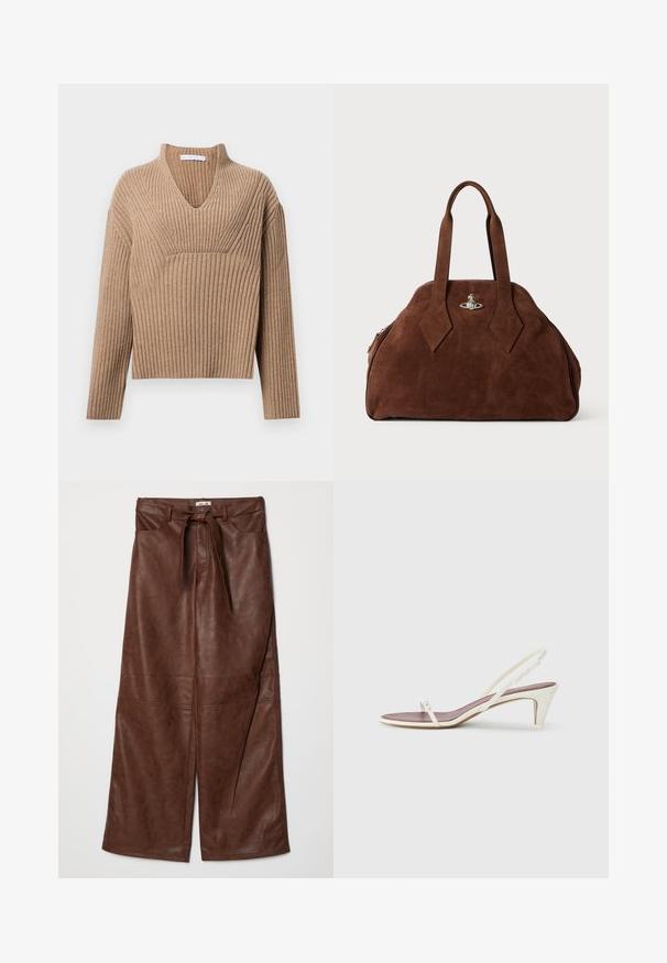 Beige ribstrikket sweater med dyb V-udskæring, lange ærmer og en struktureret panel ved brystet. Korte længde med en afslappet pasform.; Baum und Pferdgarten NADENE - Bukser - washed java; Hvide slingback sandaler med en let hæl, tynde stropper og en glat læderoverflade; har en lille dekorativ spænde.; Brun suede håndtaske med en struktureret form, rund krop og forlængede diamantformede håndtag. Har en hardwarelukning i sølv.