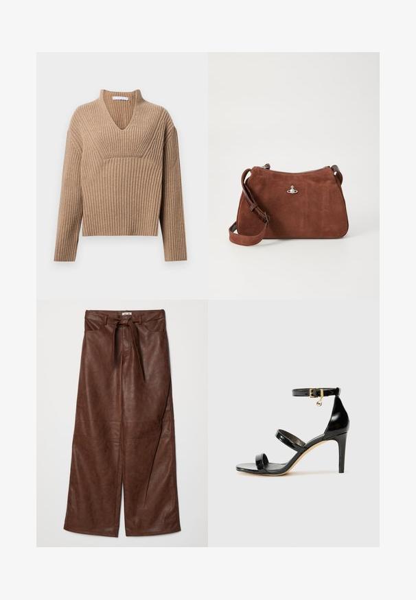 Beige ribbed knit sweater with a deep V-neck, long sleeves, and a textured panel at the chest. Cropped length with a relaxed fit.; Baum und Pferdgarten NADENE - Trousers - washed java; Black patent leather sandal with three straps, ankle buckle, and 4-inch stiletto heel. Features gold hardware detail and logo charm.; Brown suede handbag with a zip closure, adjustable shoulder strap, and silver hardware accent, featuring a subtle textured surface.