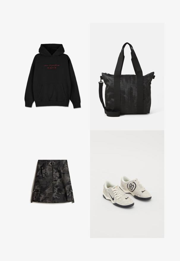 Schwarzer Hoodie aus weichem Stoff, mit einer Fronttasche, gerippten Bündchen und roten gestickten Texten mit Blumenakzenten auf der Brust.; Camo-Rock in Dunkelgrau und Schwarz, mit einem Reißverschluss vorne, einem Gürtel mit einer silbernen Schnalle und zwei Cargo-Taschen mit Ringen.; Nike-Sneaker mit einem beigen und grauen texturierten Obermaterial, schwarzen Akzenten, einem großen "90"-Logo und einer weißen Schnürverschluss. Schwarze Sohle.; Schwarze Tote-Tasche aus strukturiertem Stoff, mit zwei oberen Griffen und einem abnehmbaren Schultergurt. Sie verfügt über einen Reißverschluss für sicheren Stauraum.