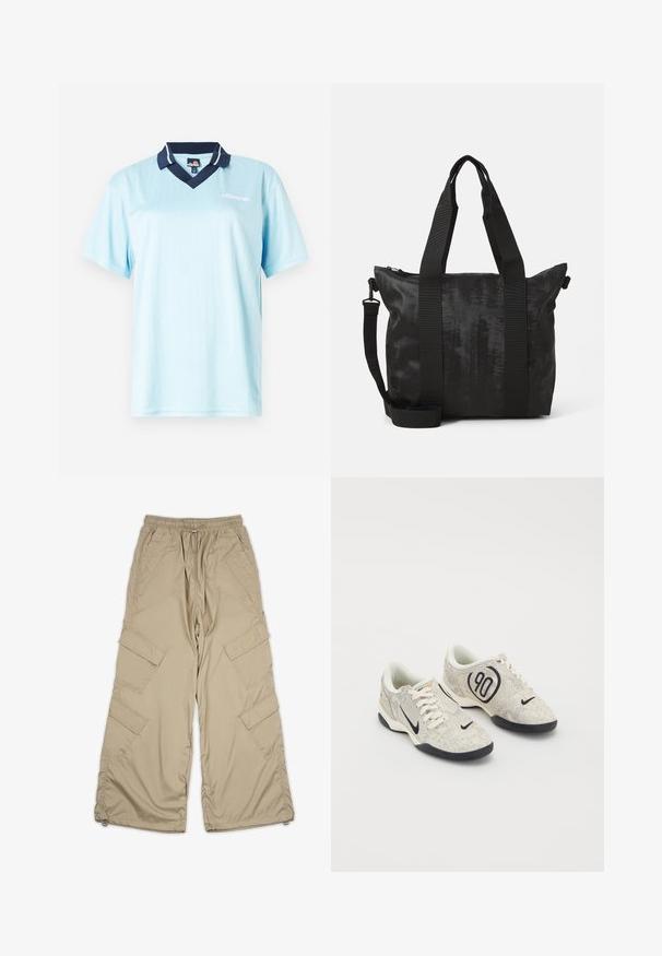 Must musta, mis on pehmest kangast, esiküljel taskuga, ribitud varrukatega ja punase tikandiga teksti ning lillede aktsentidega rinnal.; Hele sinine lühikeste varrukatega polo särk tumesinise kaelusega. Ees on vertikaalsed triibud ja logo aktsent. Sujuv, kerge kangas.; Beežid cargo püksid, millel on kummiga vöökoht, mitmed küljetaskud ja mugav lõige. Valmistatud kerge ja sileda materjali koos õmblemise detailidega.; Nike spordijalatsid beeži ja halli tekstuuriga ülemise osa, mustade aktsentidega, suure "90" logoga ja valge sidumisega. Must tald.; Must mustkott mustekangaga, kahe ülemise sangaga ja eemaldatava õlarihmaga. Omab lukuga sulgemist, et tagada turvaline hoiustamine.