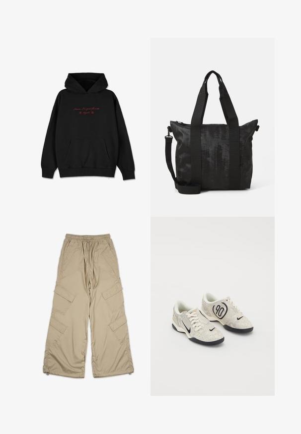 Czarny hoodie wykonany z miękkiej tkaniny, z kieszenią z przodu, ściągaczami i czerwonym haftowanym napisem z dodatkiem kwiatów na klatce piersiowej.; Beżowe spodnie cargo z elastycznym paskiem, wieloma bocznymi kieszeniami i luźnym krojem. Wykonane z lekkiego, gładkiego materiału z detalami przeszycia.; Sneakers Nike z beżową i szaro teksturowaną cholewką, czarnymi akcentami, dużym logo "90" oraz białym wiązaniem. Czarna podeszwa.; Czarna torba typu tote wykonana z teksturowanej tkaniny, z podwójnymi uchwytami u góry i odpinanym paskiem na ramię. Posiada zamek błyskawiczny zapewniający bezpieczne przechowywanie.