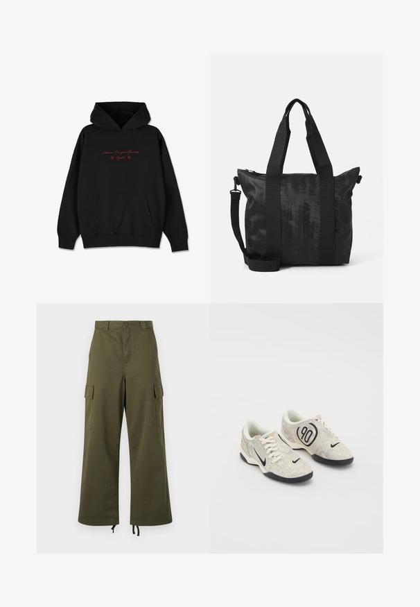 Hoodie preto feito de tecido macio, com um bolso frontal, punhos canelados e texto bordado em vermelho com acentos florais no peito.; Calças cargo verde-oliva feitas de algodão, com uma cintura alta, pernas largas, bolsos laterais cargo e cordões ajustáveis na bainha.; Tênis Nike com um upper texturizado em bege e cinza, detalhes em preto, um grande logótipo "90" e um fecho de atacadores branco. Sola preta.; Bolsa tote preta com tecido texturizado, alças duplas na parte superior e uma alça de ombro destacável. Possui fecho com zipper para armazenamento seguro.
