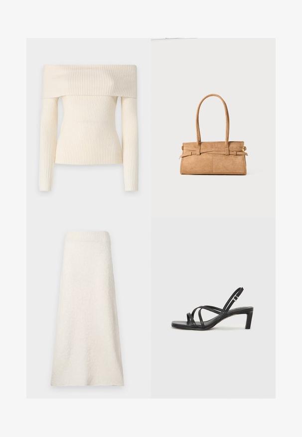 Schulterfreier, gerippter Strickpullover in Creme. Er hat lange Ärmel und eine taillierte Silhouette, die eine weiche Textur und einen subtilen Glanz zur Geltung bringt.; Knielanger, cremefarbener Handtuchrock aus strukturiertem Stoff, mit einem gerippten Bund und einem lockeren, fließenden Design.; Schwarze Sandale mit Riemchen, quadratischer Zehenform und niedrigem Blockabsatz. Verfügt über mehrere dünne Riemen und einen verstellbaren Knöchelriemen. Hergestellt aus glattem Leder.; Tasche aus braunem Wildleder mit zwei langen Griffen, rechteckiger Form und dekorativer Naht. Verfügt über einen seitlichen Riemen und subtile goldene Hardwareakzente.