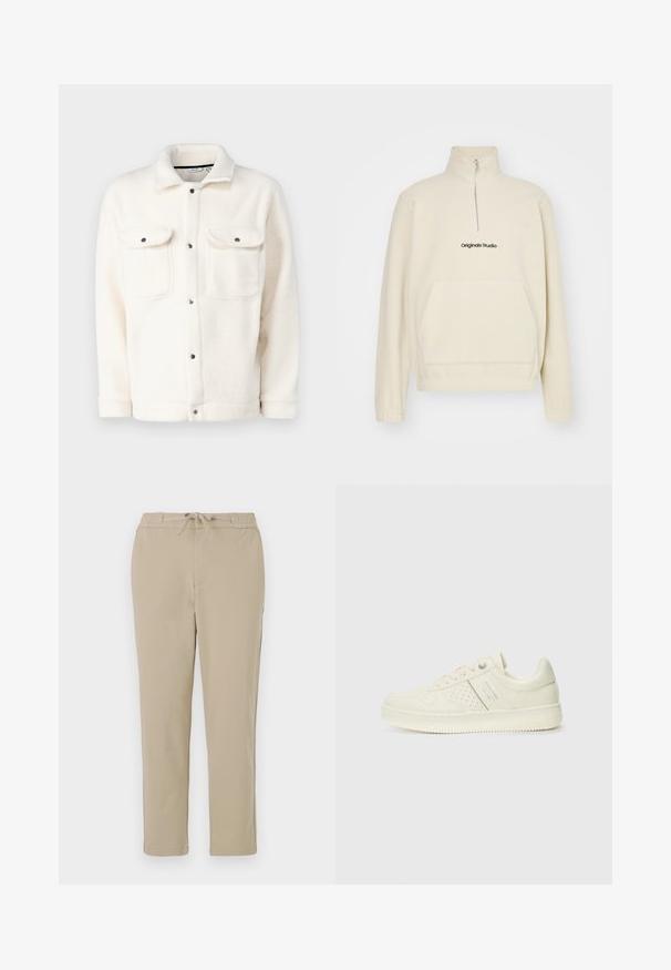 Pullover de fleece na cor creme, com uma gola alta, fecho de correr e bolso frontal. Apresenta o logo "Originals Studio" em preto. Textura suave.; Casaco de fleece em off-white com fecho de botão, dois bolsos no peito e gola de camisa. Apresenta uma superfície texturizada e punhos arredondados.; Calças de lounge bege com cintura elástica e cordão, apresentando um design de perna reta e uma textura suave e macia.; Sapatilha de cor creme com detalhes perfurados, atacadores e logotipo na lateral, apresentada contra um fundo branco liso.