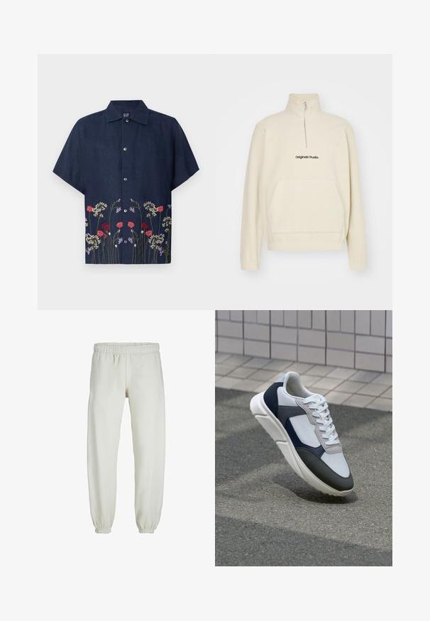 Crèmewit fleece sweatshirt met een hoge kraag, rits en voorkantzak. Kenmerkt zich door het "Originals Studio"-logo in het zwart. Zachte textuur.; GAP Overhemd - blue; Witte sweatpants gemaakt van zachte stof, met een elastische tailleband en boorden, een gladde textuur en een losvallend ontwerp.; Witte, marineblauwe en grijze sneaker met een gemengde materiaald ontwerp, met een gestructureerde bovenkant, platte veters en een gevoerde zool.