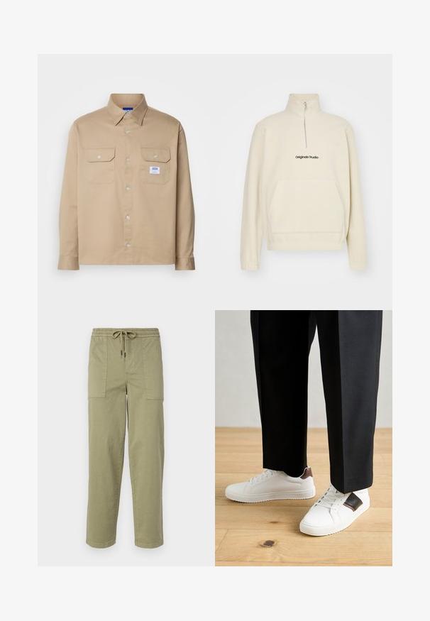 Cream-colored fleece pullover with a high collar, zipper, and front pocket. Features "Originals Studio" logo in black. Soft texture.; HUGO EKYNONE - Shirt - medium beige; Light olive green pants made of cotton blend fabric, featuring an elastic waistband with drawstring, and two large side pockets.; White sneakers with smooth texture, featuring brown leather accents and black detailing, paired with black tailored pants. Wooden floor background.