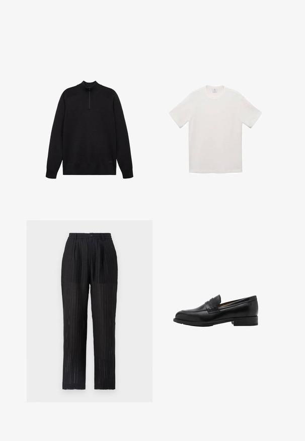 Svart stickad tröja med hög krage, halv dragkedja och texturerade detaljer på axlarna. Har en liten logotyp vid fållen.; Kortärmad t-shirt med rund hals i off-white. Tillverkad av mjuk bomullstyg med avslappnad passform och subtila sömnadsdetaljer längs axelsömmarna.; Svarta, plisserade byxor med ett strukturerat, mönstrat tyg. Har en elastisk midja och knäppning, rak ben-design.; Svarta läderloafer med sytt framstycke och platt klack. Slät yta med rundad tå och ett dekorativt band över fotens instep.