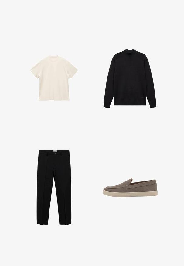 Czarny dzianinowy sweter z wysokim kołnierzem, półzamkiem oraz teksturowanymi detalami na ramionach. Posiada małe logo na dolnej krawędzi.; Koszulka z krótkim rękawem, okrągłym dekoltem, w miękkim, kremowym kolorze, z gładką fakturą i bocznymi rozcięciami dla luźniejszego kroju.; Czarne spodnie o dopasowanym kroju, z prostymi nogawkami, z pojedynczym zapięciem na guzik, paskami i plisami z przodu. Wykonane z gładkiego materiału.; Jasnoszare buty wsuwane wykonane z zamszu o gładkiej fakturze, z białą gumową podeszwą i minimalnymi detalami szycia.