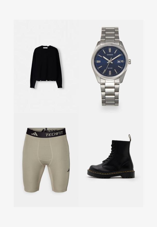 Čierny pletený sveter s okrúhlym výstrihom, dlhými rukávmi a poškodeným lemom. Má rebrované manžety a voľný strih.; adidas Performance BASE SHORT - Legíny - silver pebble; Čierne kožené členkové čižmy s šnurovaním vpredu, žltým prešívaním, okrúhlou špičkou a hrubou, textúrovanou gumovou podrážkou.; Strieborné nerezové hodinky s modrým ciferníkom, kovovými hodinovými značkami a dátumovým oknom na 3. hodine. Vodotesné do hĺbky 50 metrov.