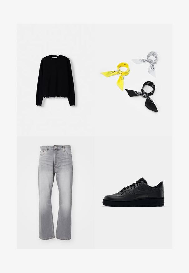 Fekete kötött pulóver kerek nyakkal, hosszú ujjal és rojtos szegéllyel. Bordázott mandzsettákkal és laza fit stílussal rendelkezik.; Szürke farmernadrág egyenes szárú kialakítással, finom kopással és klasszikus öt zsebes stílussal. Gombbal és cipzárral záródik.; Fekete Nike Air Force 1 sneaker sima bőr felsőrészével, perforált orrával a légáteresztés érdekében, fekete cipőfűzőkkel és textúrált gumitalppal.; Három bandana: egy sárga fekete mintákkal, egy fehér fekete grafikával, és egy fekete fehér grafikával. Mind három négyzet alakú, könnyű anyagból készült.