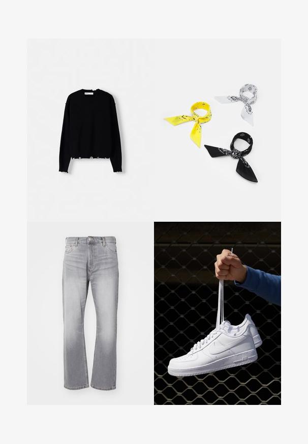 Pulover negru tricotat cu guler rotund, mâneci lungi și margine desfăcută. Include manșete cu revere și un stil lejer.; Jeans din denim gri cu un design drept, ușor uzat și un stil clasic cu cinci buzunare. Prezentă un sistem de închidere cu buton și fermoar.; Adidași albaștri din piele cu perforații, vârf rotund, talpă plată și șireturi groase, cu un logo swoosh vizibil și cu inscripția "AIR" pe toc.; Trei batiste: una galbenă cu motive negre, una albă cu desene negre și una neagră cu grafică albă. Toate sunt pătrate, dintr-un material ușor.