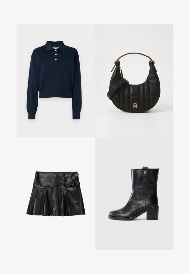 Dunkelblaues, cropped Sweatshirt mit Kragen, Knopfleiste in Gold und langen Ärmeln. Mit gerippten Bündchen und Saum, aus weichem Baumwollmaterial.; Schwarze Lederrock mit Falten, breitem Bund und zwei Schnallenakzenten an der Seite. Glatte Textur mit glänzendem Finish.; Schwarze Lederstiefel bis zur Wade mit Blockabsatz und goldenem "TH"-Logo an der Zuglasche vor weißem Hintergrund.; Schwarze Lederhandtasche mit geschwungener Form, gequilteter Textur und goldenen Beschlägen. Sie verfügt über einen abnehmbaren Schultergurt und ein Logodetail.