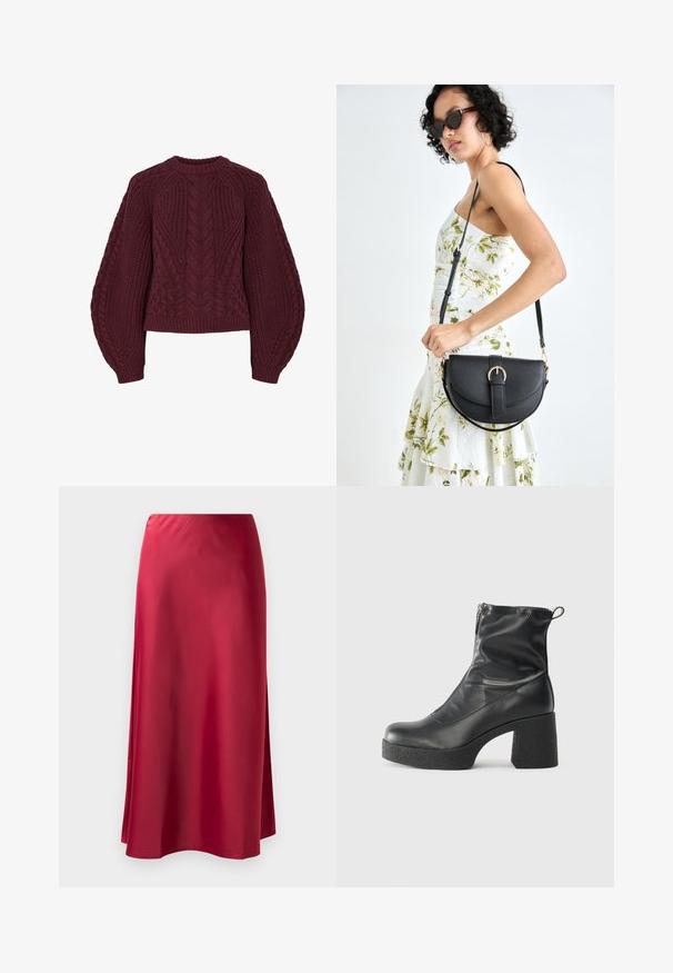 Burgunderfarget strikkegenser med teksturerte kabelmønstre, rund hals og puffede ermer. Ribbestrikkede mansjetter og hemline fremhever designet.; Rød sateng lang skjørt med en jevn tekstur, lett utsvingt fasong og sidelukning for bevegelsesfrihet. Ingen synlig maskinvare eller dekorasjoner.; Svarte ankelstøvler laget av glatt lær, med glidelås på siden, chunky strukturert hæl, og rund tå-design.; Svart lærveske med en buet form, avtagbar stropp og gullbeslag. Vesken har et klaff med spenne-detall.