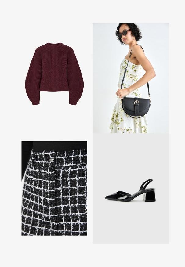 Burgundijska pletena majica sa teksturiranim uzorcima od pletenice, okrugli izrez i napuhane rukave. Rebrasti manžeti i donji rub naglašavaju dizajn.; Tkanina crno-bijelog uzorka s teksturiranim završetkom, koja sadrži dizajn u obliku mreže i sjajnu srebrnu dekoraciju na pojasu.; Crne lakirane kožne sandale s otvorenom petom i špicastim vrhom, s geometrijskom blok petom. Imaju elegantan, minimalistički dizajn i glatku teksturu.; Crna kožna torba s lukovitim oblikom, odvojivim remenom i zlatnim detaljima. Torba ima preklop s kopčom.