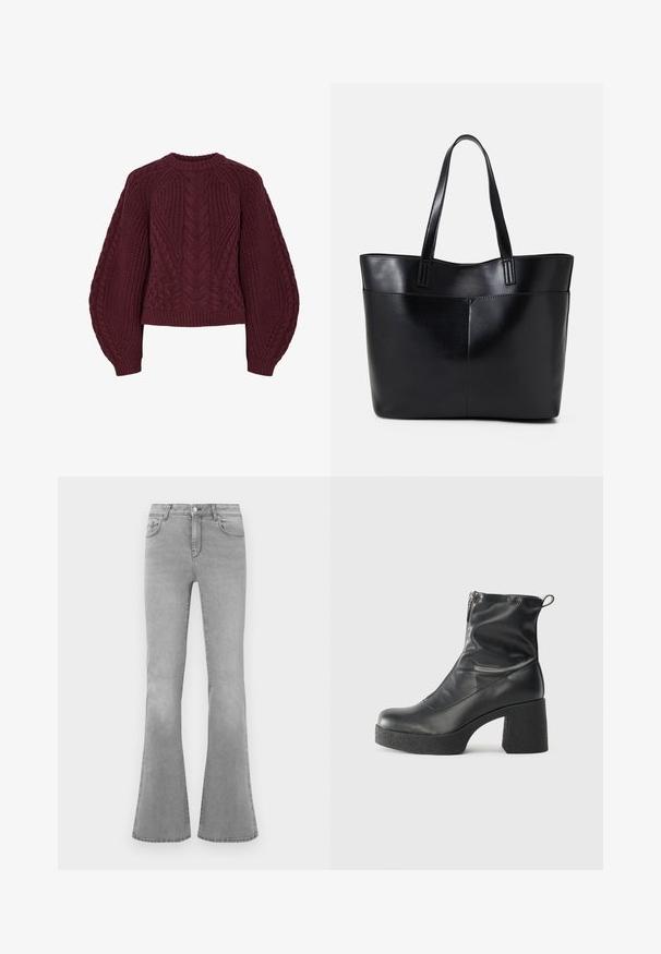 Maglione lavorato a maglia borgogna con motivi a treccia texturizzati, colletto rotondo e maniche a sbuffo. I polsini e l'orlo a coste accentuano il design.; Jeans grigi flared in denim, con un classico design a cinque tasche, chiusura con zip e dettagli di scolorimento discreti lungo le gambe.; Stivali neri alla caviglia in pelle liscia, con zip laterale, tacco spesso e texture, e punta arrotondata.; Borsa a tracolla in pelle nera con due manici lunghi, una texture liscia e una forma strutturata. Presenta una tasca frontale per ulteriore spazio di archiviazione.
