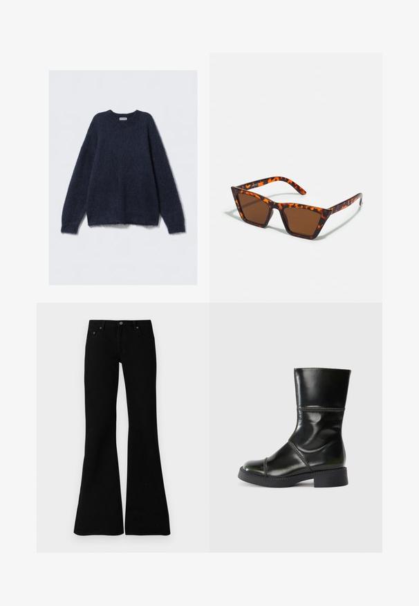 Mornarsko modra puhasta pulover iz mehkega, teksturiranega materiala. Ima krožni ovratnik in dolge rokave z ohlapnim, sproščenim krojem.; Črne razširjene kavbojke iz denima, ki vključujejo klasično zasnovo s petimi žepi, zapiranje na gumb in diskretne šive ob šivih.; Črne usnjene gležnjarje z zaobljenim nosom, gladko površino, kontrastnim šivanjem in blokastim peto, ki ima nekoliko zožen silhueto.; Sončna očala rjave barve s vzorcem ščurjenja, kotno obliko in ozkimi ročaji. Lahka plastična material.; Črna usnjena torbica s ukrivljenim dizajnom, ki vsebuje osrednjo spono in kratko, gladko ročico. Teksturni detajli obogatijo njen videz.