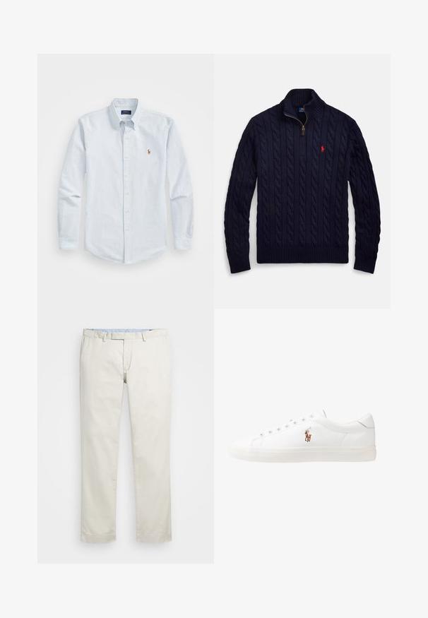 Tamsiai mėlynas megztas megztinis su aukštu apykakle ir ketvirčio užtrauktuku, pasižymintis riboto modelio rankogaliais ir apačia, su mažu raudonu logotipu ant krūtinės.; Šviesiai mėlynas languotas marškinėlių su ilgomis rankovėmis, apykakle ir mažuoju raudonu siuvinėtu logotipu ant krūtinės. Medvilninė audinys.; Šviesiai rudi medvilniniai chinos tipo kelnės su plokščiu priekiniu dizainu, diržo kilpomis ir šoninėmis kišenėmis. Tiesaus kirpimo dizainas su lygiu paviršiumi ir lengvu, kvėpuojančiu jausmu.; Baltos odinės sportbačiai, žemo profilio, su lygia tekstūra, apvalia nosimi, raištelių sistema priekyje ir mažyte siuvinėta logo šone.