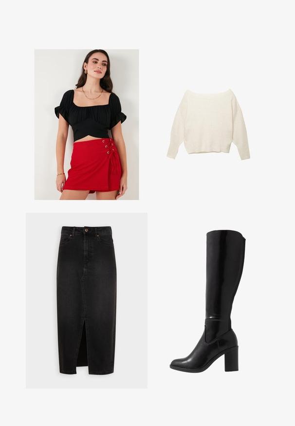 Kremowy sweter bez ramiączek z prążkowanym dołem oraz długimi, szerokimi rękawami. Miękka faktura, luźny krój. Prosty, minimalistyczny design.; Czarny crop top z bufiastymi rękawami i kwadratowym dekoltem, w połączeniu z czerwoną mini spódnicą z detalami sznurowania i oczkami po bokach.; Czarna spódnica dżinsowa, do kolan, z wycięciem z przodu, standardowym paskiem w talii oraz mosiężnymi guzikami. Gładka tekstura, klasyczny design.; Czarne, błyszczące, chociaż sięgające do kolan, buty na obcasie z okrągłym noskiem, gładką teksturą, szczegółem z wycięciem po stronie i grubo podłożonym obcasem.