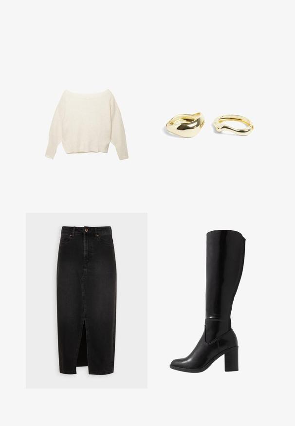 Krämfärgad off-shoulder tröja med ribbad nederkant och långa, vida ärmar. Mjuk textur, avslappnad passform. Enkel, minimalistisk design.; Svart denimkjol, knälång, med en fram slit, standard midjeband och kopparfärgad knapp. Slät textur, klassisk design.; Knähöga svarta blanka stövlar med klack, rund tå, slät yta, sidoutskärning och en kraftig klack.; NA-KD 2-PACK - Armband - gold-coloured