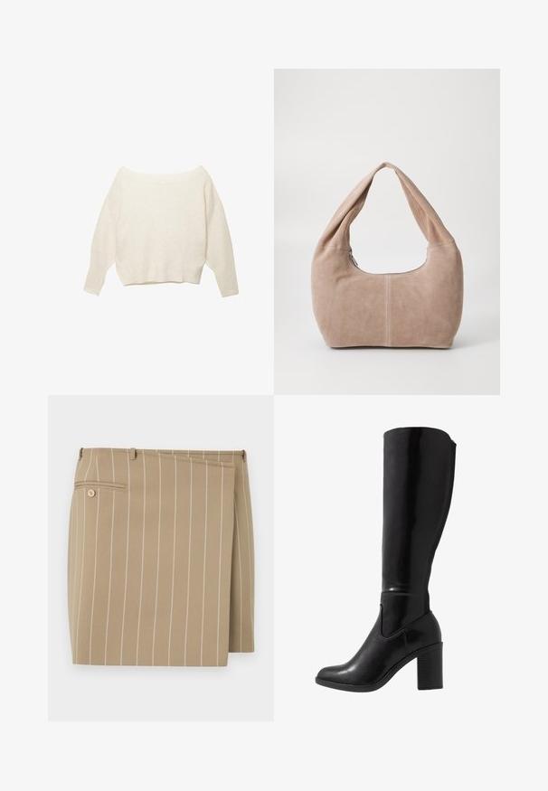 Maglione color crema con scollo off-the-shoulder, orlo a coste e maniche lunghe e ampie. Texture morbida, vestibilità rilassata. Design semplice e minimale.; Gonna beige con righe bianche verticali, realizzata in un tessuto testurizzato. Presenta una patta frontale e una tasca sul retro con un dettaglio a bottone.; Stivali neri lucidi alti fino al ginocchio con punta arrotondata, texture liscia, dettaglio con taglio laterale e tacco spesso a blocco.; Borse hobo realizzata in morbido materiale scamosciato di colore beige chiaro. Caratterizzata da una forma arrotondata con una tracolla ampia e chiusura con zip.