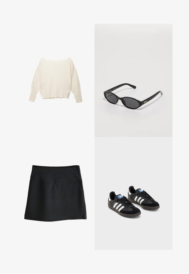 Cremefarvet off-the-shoulder sweater med ribbet kant og lange, brede ærmer. Blød tekstur, afslappet pasform. Simple, minimalistisk design.; Sort nederdel med en glat tekstur, knælængde design og en enkel, elastisk talje. Har en diskret lynlås bagpå.; Sorte sneakers med en overdel i ruskind og syntetisk materiale, med tre hvide striber, struktureret gummisål og en blå logoetiket på tungen.; Sorte solbriller med rundede linser, blank plastisk stel og "QUAY" logo i guld på siden. Har mørke tonede linser.