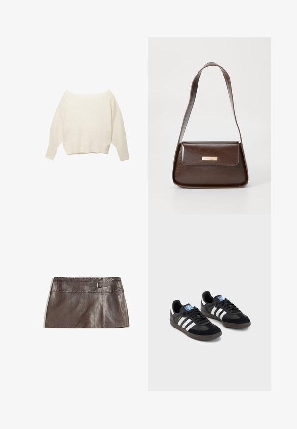 Krém színű, vállringató pulóver bordázott szegéllyel és hosszú, széles ujjakkal. Puha tapintás, laza fazon. Egyszerű, minimalista dizájn.; Barna bőr mini szoknya, szegecselt derékrésszel és csatos övhurkokkal, sima textúrával és letisztult, egyenes fazonnal.; Fekete sportcipők, velúrból és szintetikus anyagból készült felsőrésszel, három fehér csíkkal, textúrázott gumitalppal és kék logó címkével a nyelvén.; Barna bőr válltáska, struktúrált formával, mágneses fedélzárral és fémből készült logóval az elején.