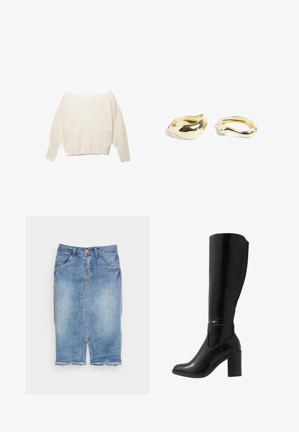 Krémový sveter bez ramienok s ribovaným spodným lemom a dlhými, širokými rukávmi. Mäkka textúra, voľný strih. Jednoduchý, minimalistický dizajn.; Džínová sukňa svetlomodrej farby, po kolená s rovnom strihom. Má rozstrapkaný lem a klasický dizajn s piatimi vreckami. Zapínanie na gombík a zips.; Čierne lesklé čižmy s vysokým podpätkom s okrúhlou špičkou, hladkou textúrou, bočným výrezom a robustným zloženým podpätkom.; NA-KD 2-PACK - Náramok - gold-coloured