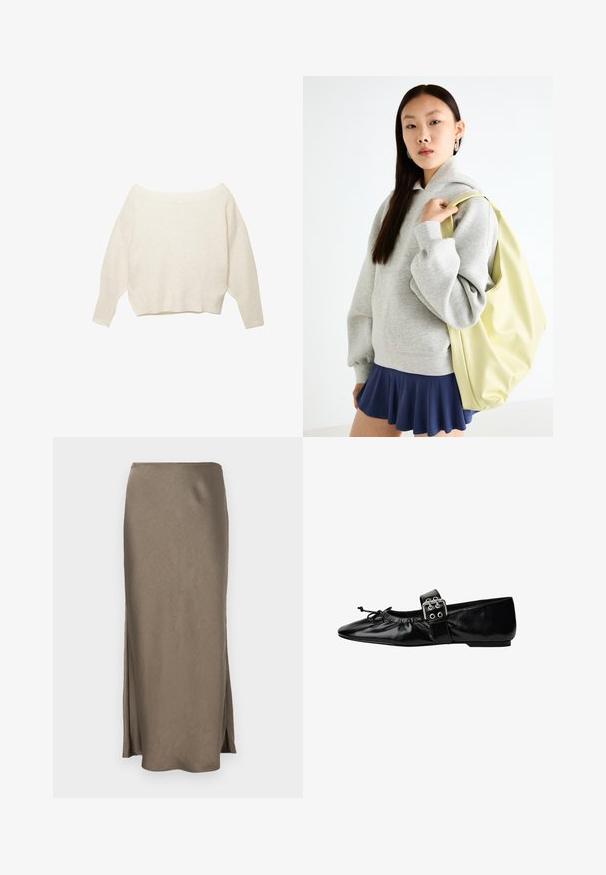 Kermakoulunen off-the-shoulder-neule, jossa on ribbireunus ja pitkät, leveät hihat. Pehmeä rakenne, rento istuvuus. Yksinkertainen, minimalistinen muotoilu.; Pitkä, istuva hame hillityssä taupe-värissä, valmistettu sileästä kankaasta, jossa on sivurei'ät liikkumisen helpottamiseksi. Siisti, yksinkertainen muotoilu.; Mustat nahka ballet-litistet kengät, joissa on terävä kärki, solkiriipus ja rutistettua yksityiskohtaa vampissa. Litteä pohja, sileä pinta.; Harmaa ylipitkä huppari, jossa on kengurutasku, yhdistettynä tummansiniseen levenevään hameeseen. Asusteena: suuri vaaleankeltainen reppu, tasainen pinta.