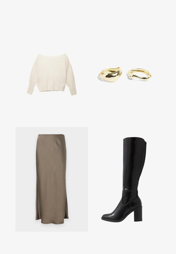 Pull crème au décolleté bardot avec ourlet côtelé et manches longues et larges. Texture douce, coupe décontractée. Design simple et minimal.; Jupe longue et ajustée de couleur taupe douce, fabriquée en tissu lisse avec des fentes latérales pour faciliter les mouvements. Design épuré et simple.; Bottes noires à talons vernies hauteur genou, avec un bout arrondi, une texture lisse, un détail de découpe sur le côté et un talon empilé chunky.; NA-KD 2-PACK - Bracelet - gold-coloured