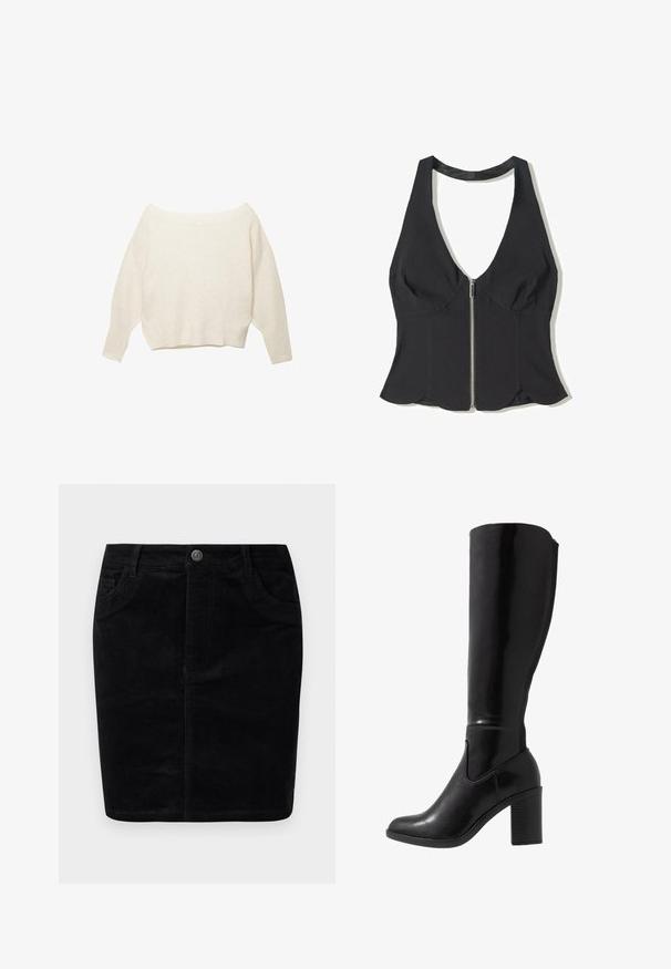 Krémový sveter bez ramienok s ribovaným spodným lemom a dlhými, širokými rukávmi. Mäkka textúra, voľný strih. Jednoduchý, minimalistický dizajn.; Čierny halter top z látky s hlbokým V-výstrihom, ktorý má predný zips a volánový lem na spodnej časti. Bez vzorov alebo akcentov.; Čierna kordová sukňa s rovný strihom, zapínaním na gombíky, prednými vreckami, žebrovanou textúrou a matným povrchom.; Čierne lesklé čižmy s vysokým podpätkom s okrúhlou špičkou, hladkou textúrou, bočným výrezom a robustným zloženým podpätkom.