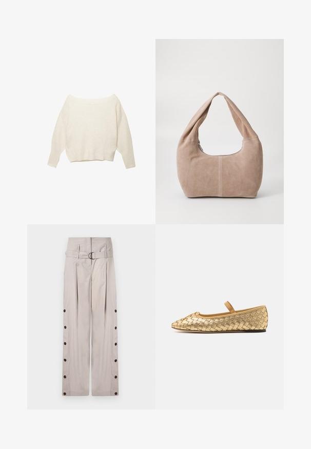 Krém színű, vállringató pulóver bordázott szegéllyel és hosszú, széles ujjakkal. Puha tapintás, laza fazon. Egyszerű, minimalista dizájn.; Beige színű, laza szárú nadrág, puha anyagból készült, övvel ellátott magas derékkal, oldalsó gombokkal és letisztult, szabott megjelenéssel.; Loeffler Randall LEONIE SOFT BALLET FLAT - Bokapántos balerina cipők - gold; Puha, velúr anyagból készült hobo táska világos bézs színben. Jellemzője a kerek forma, széles pánt és cipzáras záródás.