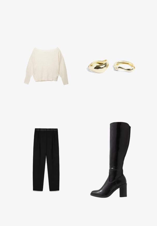 Krämfärgad off-shoulder tröja med ribbad nederkant och långa, vida ärmar. Mjuk textur, avslappnad passform. Enkel, minimalistisk design.; Svarta byxor med en satinkant, veckad front och vida ben för en strukturerad passform. Slät tyg med minimal detaljering.; Knähöga svarta blanka stövlar med klack, rund tå, slät yta, sidoutskärning och en kraftig klack.; NA-KD 2-PACK - Armband - gold-coloured