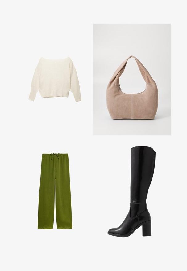 Kremowy sweter bez ramiączek z prążkowanym dołem oraz długimi, szerokimi rękawami. Miękka faktura, luźny krój. Prosty, minimalistyczny design.; Zielone, szerokie spodnie wykonane z lekkiego materiału, z elastycznym paskiem w talii i subtelnym, teksturowanym wzorem na całej powierzchni.; Czarne, błyszczące, chociaż sięgające do kolan, buty na obcasie z okrągłym noskiem, gładką teksturą, szczegółem z wycięciem po stronie i grubo podłożonym obcasem.; Torebka typu hobo wykonana z miękkiego, zamszowego materiału w jasnym beżowym kolorze. Charakteryzuje się zaokrąglonym kształtem, szerokim paskiem oraz zapięciem na zamek.; Złocony naszyjnik z cienkim łańcuszkiem, dużym matowym wisiorkiem w kształcie serca oraz mniejszym, błyszczącym serduszkiem przymocowanym obok.