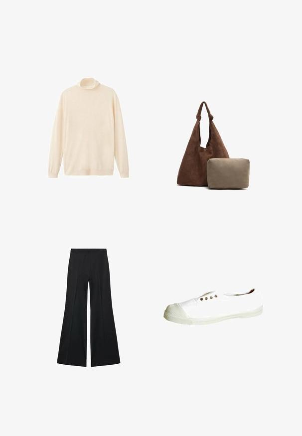 Cremefarvet turtleneck sweater lavet af blødt, let stof; har lange ærmer og en afslappet pasform.; Sorte brede bukser med en glat tekstur, der har fremadrettede folder og en skræddersyet design. Stofferne er lette og flerdimensionelle.; Hvide kanvas sneakers med gummitåhætter, fem metal øjer og en tekstureret gummisål. Enkel design, let konstruktion.; Brun ruskinds skuldertaske med en knyttet rem, der inkluderer en lille beige lynlåspung. Tasken har en blød tekstur og et enkelt design.