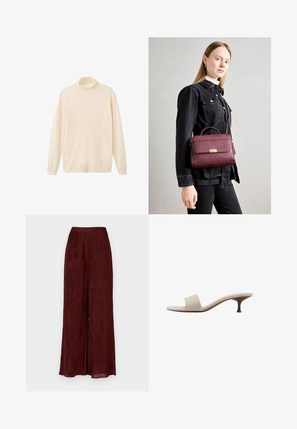 Sweter w kolorze kremowym z golfem wykonany z miękkiej, lekkiej tkaniny; ma długie rękawy i luźny krój.; Szerokie, bordowe spodnie wykonane z teksturowanej tkaniny z pionowymi plisami. Mają wysoki stan i długość sięgającą do kostek.; Sandały bez obcasa z beżową tkaniną wplecioną w górnej części, otwartym przodzie i wygiętą drewnianą podeszwą. Projekt cechuje się gładką teksturą i minimalistycznym kształtem.; Bordowa skórzana torebka z złotym zapięciem, o wyraźnie zarysowanym kształcie, z górną rączką i regulowanym paskiem na ramię. Modelka ma na sobie dżinsową kurtkę.
