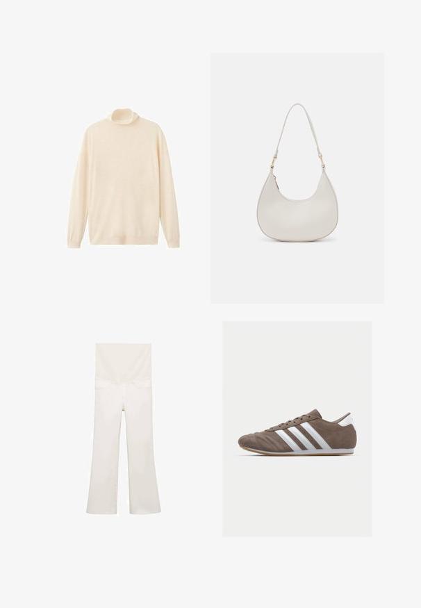 Cream-colored turtleneck sweater crafted from soft, lightweight fabric; features long sleeves and a relaxed fit.; White flared jeans from the back, featuring a smooth texture, two back pockets, and subtle stitching details along the seams.; Brown suede athletic shoe with white stripes, round toe, lace-up design, and gum rubber sole. Textured upper with stitching details.; Cream leather shoulder bag with a crescent shape, thin strap, and subtle stitching detail. Minimalist design with gold-tone hardware accents.