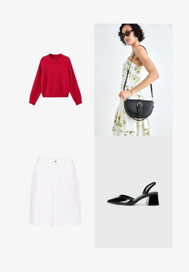 Suéter de punto rojo de manga larga con cuello redondo, con puños y dobladillo acanalados, mostrado sobre un fondo blanco.; Falda de mezclilla blanca de algodón con cierre de botones en el frente, bolsillos laterales y una silueta recta, con un acabado texturizado sutil.; Zapatos de tacón slingback de charol negro con punta afilada y tacón geométrico en bloque. Presentan un diseño elegante y minimalista, así como una textura suave.; Bolso de piel negra con forma curva, correa desmontable y herrajes dorados. El bolso cuenta con una solapa con un detalle de hebilla.