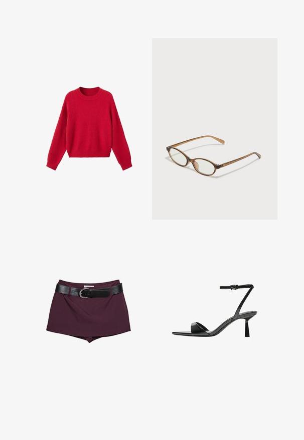 Czerwony, dziany długi sweter z okrągłym dekoltem i rękawami, z prążkowanymi mankietami i dołem, prezentowany na białym tle.; Bordowe szorty z czarnym skórzanym paskiem. Projekt cechuje gładka tekstura i dopasowany krój, z szerokim paskiem zapinanym na klamrę.; Bershka - Sandały na obcasie; Brązowe okulary w motyle z owalnymi soczewkami, cienkimi ramionami i przezroczystymi akcentami. Posiadają subtelne logo na zauszniku. Smukły, lekki design.; Czarna skórzana torebka o strukturalnym designie, z górnym uchwytem, odpinanym paskiem i złotymi akcentami na magnetycznym zapięciu.