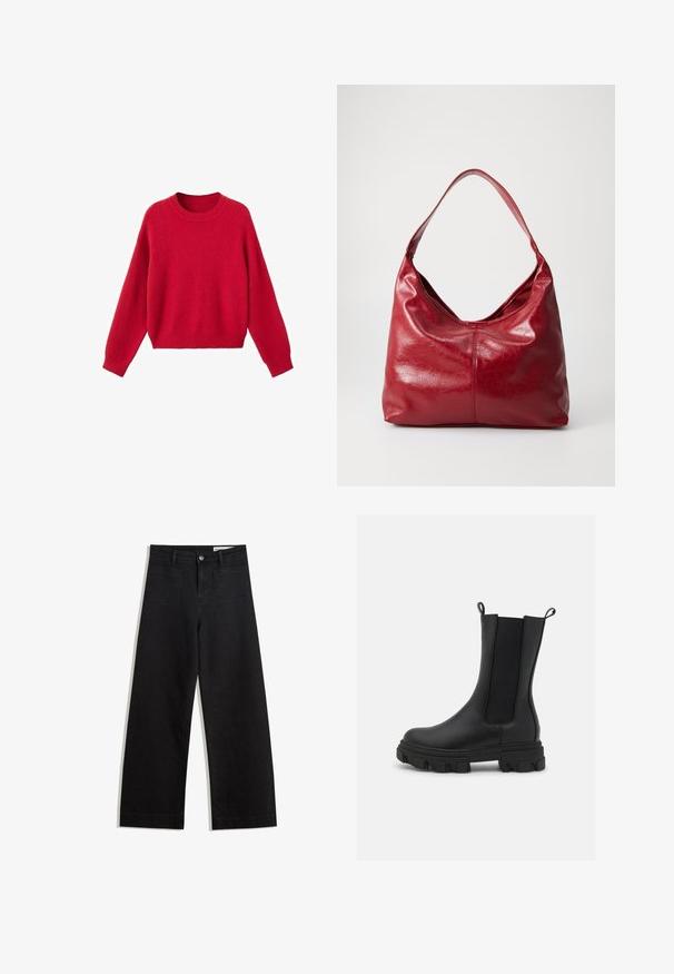 Red knitted long-sleeve crewneck sweater with ribbed cuffs and hem, shown on a white background.; Black wide-leg denim pants with a high waist, featuring front and back pockets, stitched seams, and a button closure. Smooth texture.; Black Chelsea boot made of leather and elastic fabric, featuring a chunky rubber sole with prominent tread and pull tabs for easy wear.; Red leather hobo bag with a soft, textured surface, a single shoulder strap, and a rounded, slouchy shape.
