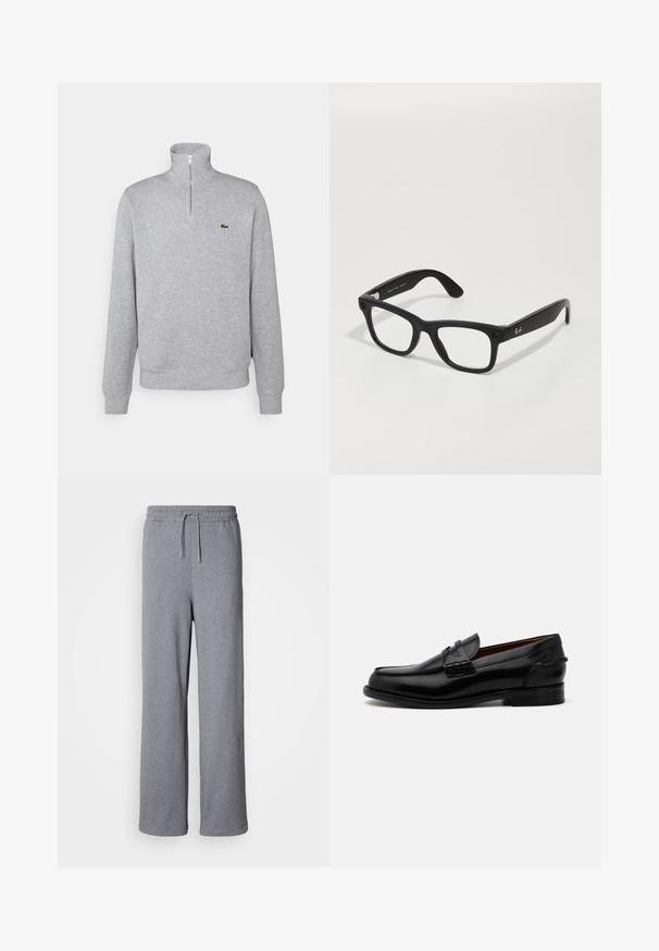 Grauer Sweatshirt mit Reißverschluss am Hals, weicher Stoff, lange Ärmel, gerippte Bündchen und Saum, mit einem kleinen grünen Logo auf der Brust.; Graue, weit geschnittene Sweatpants aus weichem Material; verfügen über einen elastischen Bund mit Kordelzug und keine Taschen. Einfaches, unauffälliges Design.; Schwarze Leder-Loafer mit leicht verlängertem Schnitt, mit gestickten Details und einem kleinen Absatz. Glatte, glänzende Oberfläche.; Schwarze rechteckige Brille mit klaren Gläsern. Acetatgestell, silberne Akzente an den Bügeln und Logo in der Nähe der Scharniere.