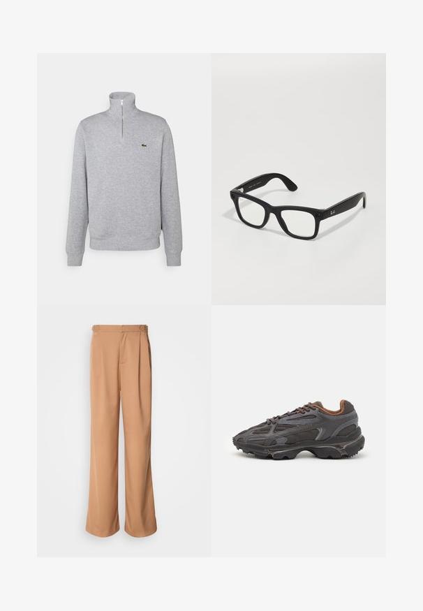 Grå zip-hals sweatshirt, mjukt tyg, långa ärmar, ribbade mudd och nederkant, med en liten grön logotyp på bröstet.; Avklippta, vida byxor i slät, beige tyg med framveck och metallaccentuerade bältesöglor.; Lacoste-sneakers i mörkgrått med nät och syntetmaterial, med en strukturerad sula och bruna detaljer på kragen och varumärket.; Svarta rektangulära glasögon med klara linser. Ram av acetat, silverdetaljer vid skalmarna och logotyp nära gångjärnen.